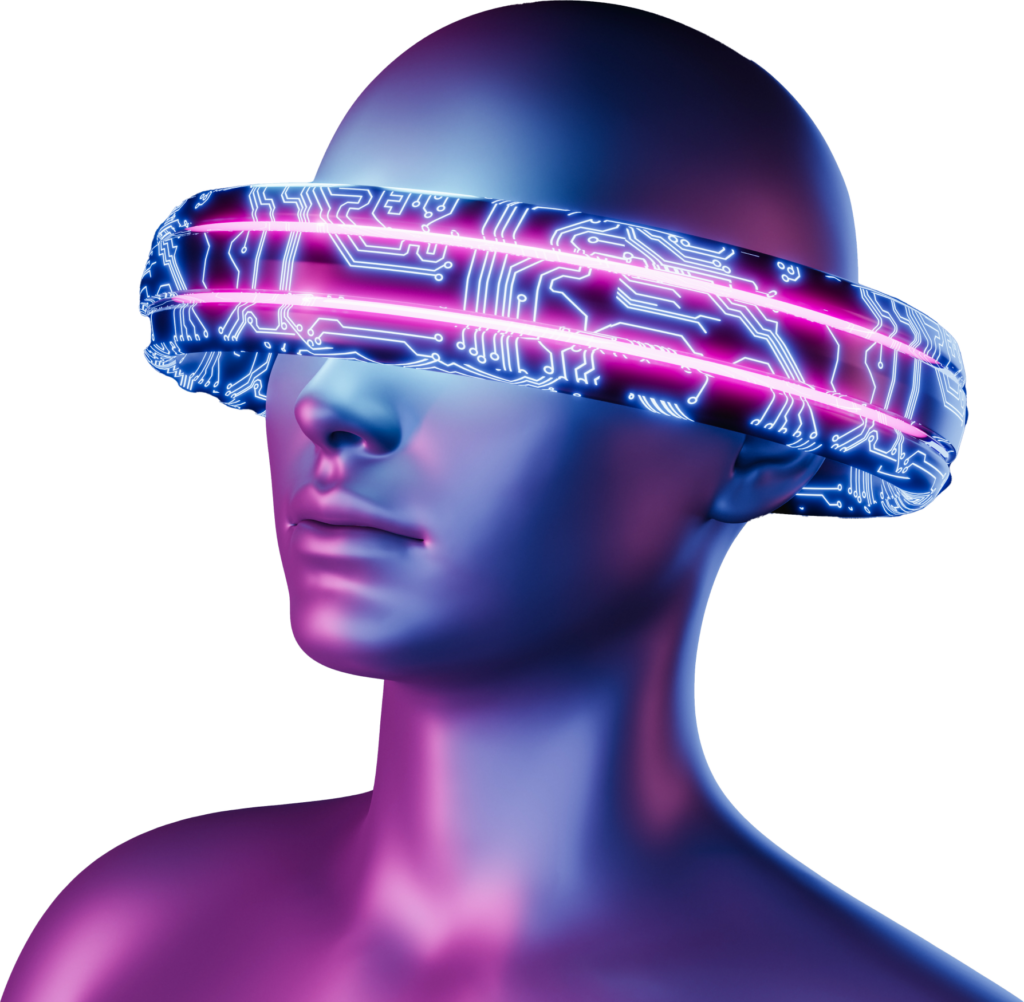 Concepto futurista de IA: persona con un visor digital de circuitos iluminados en neón azul y magenta cubriéndole los ojos